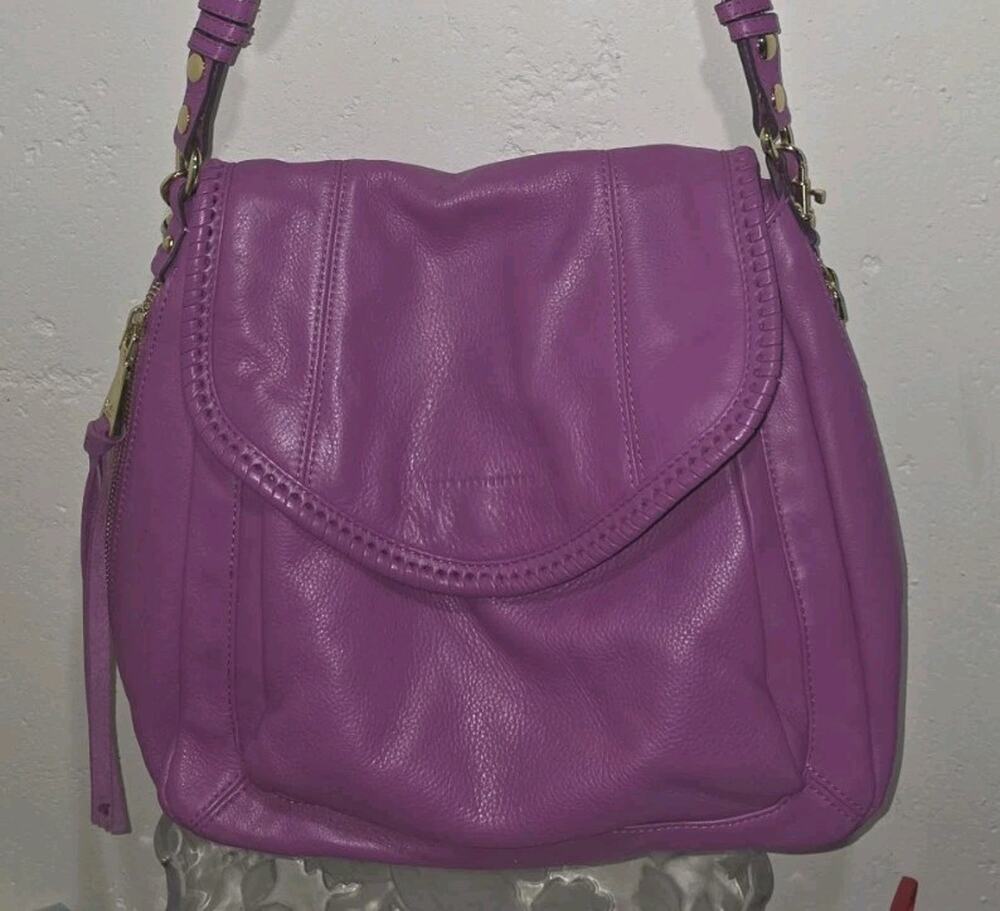 Aimee Kestenberg Purple Leather Crossbody Shoulder Bag Braided Trim Gold